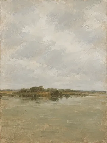 A marsh edge with reeds and still water in stone, sage, cream, taupe; portrait artwork.