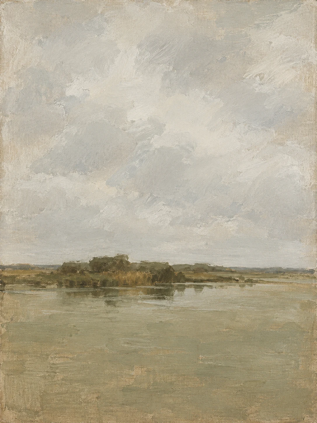 A marsh edge with reeds and still water in stone, sage, cream, taupe; portrait artwork.
