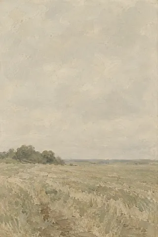 A stubble field after harvest in stone, sage, cream, sand; portrait artwork.