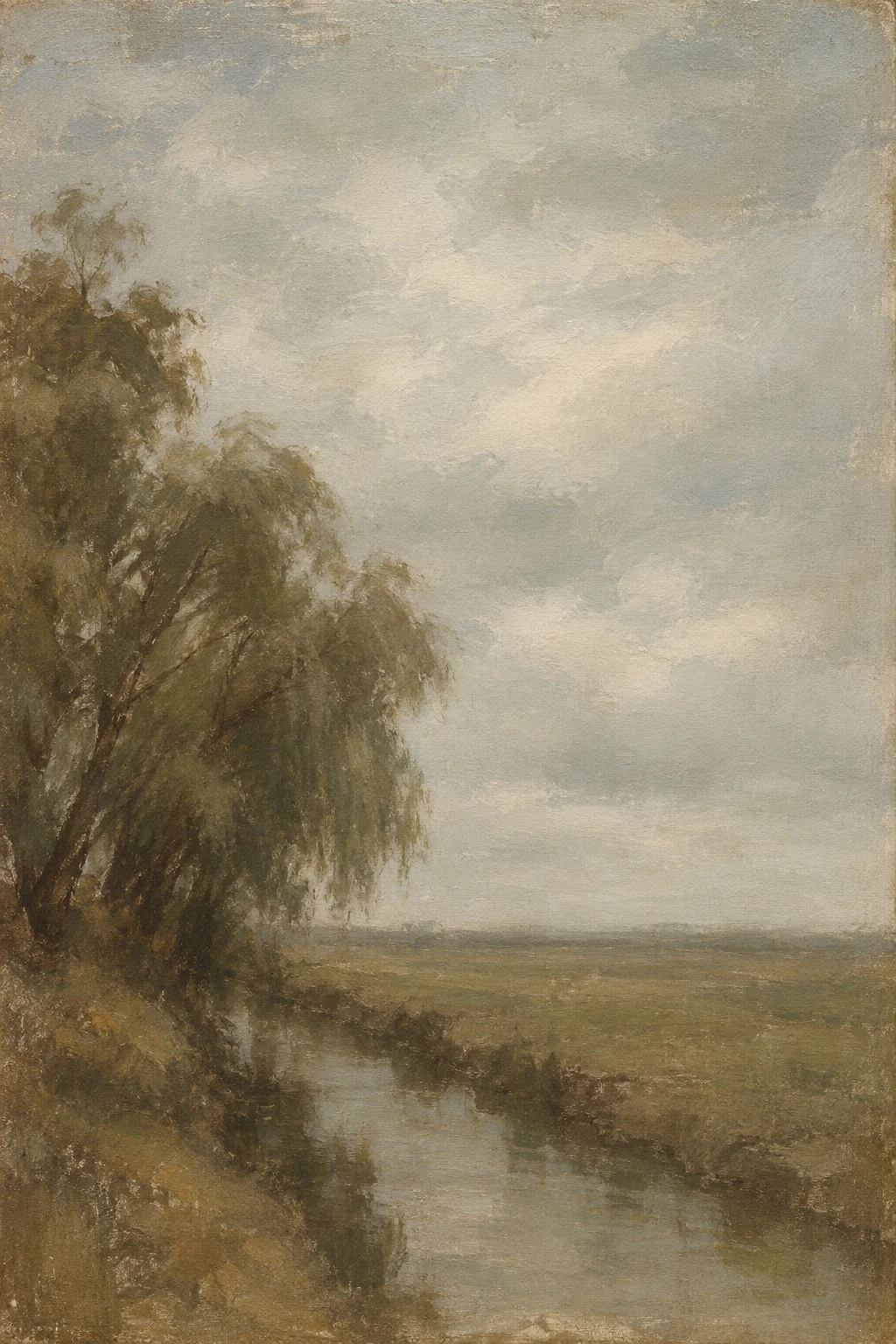 A line of willows along a drainage ditch in stone, brown, olive, sand; portrait artwork.