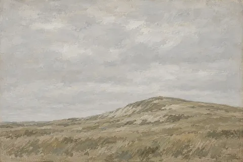 A chalk down rising to a bare crown in stone, sage, taupe, sand; landscape artwork.