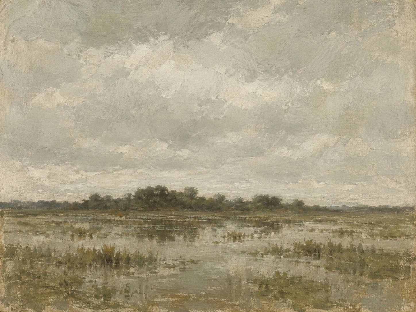 A water meadow under standing water in stone, taupe, sand, olive; landscape artwork.