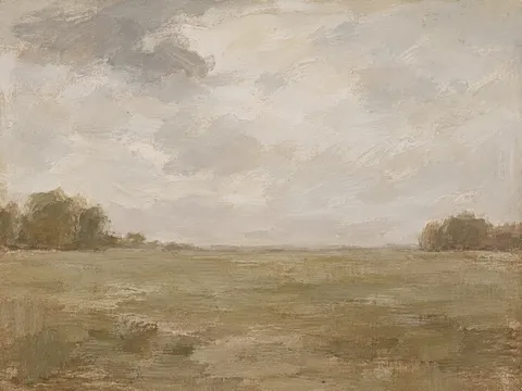 A coppice on the far side of a wide pasture in stone, sage, taupe, olive; landscape artwork.