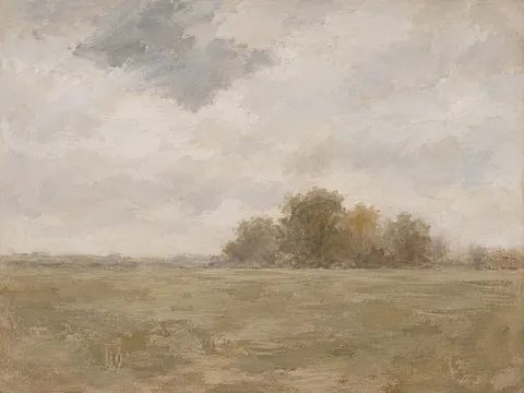 A coppice on the far side of a wide pasture in stone, taupe, sage, cream; landscape artwork.