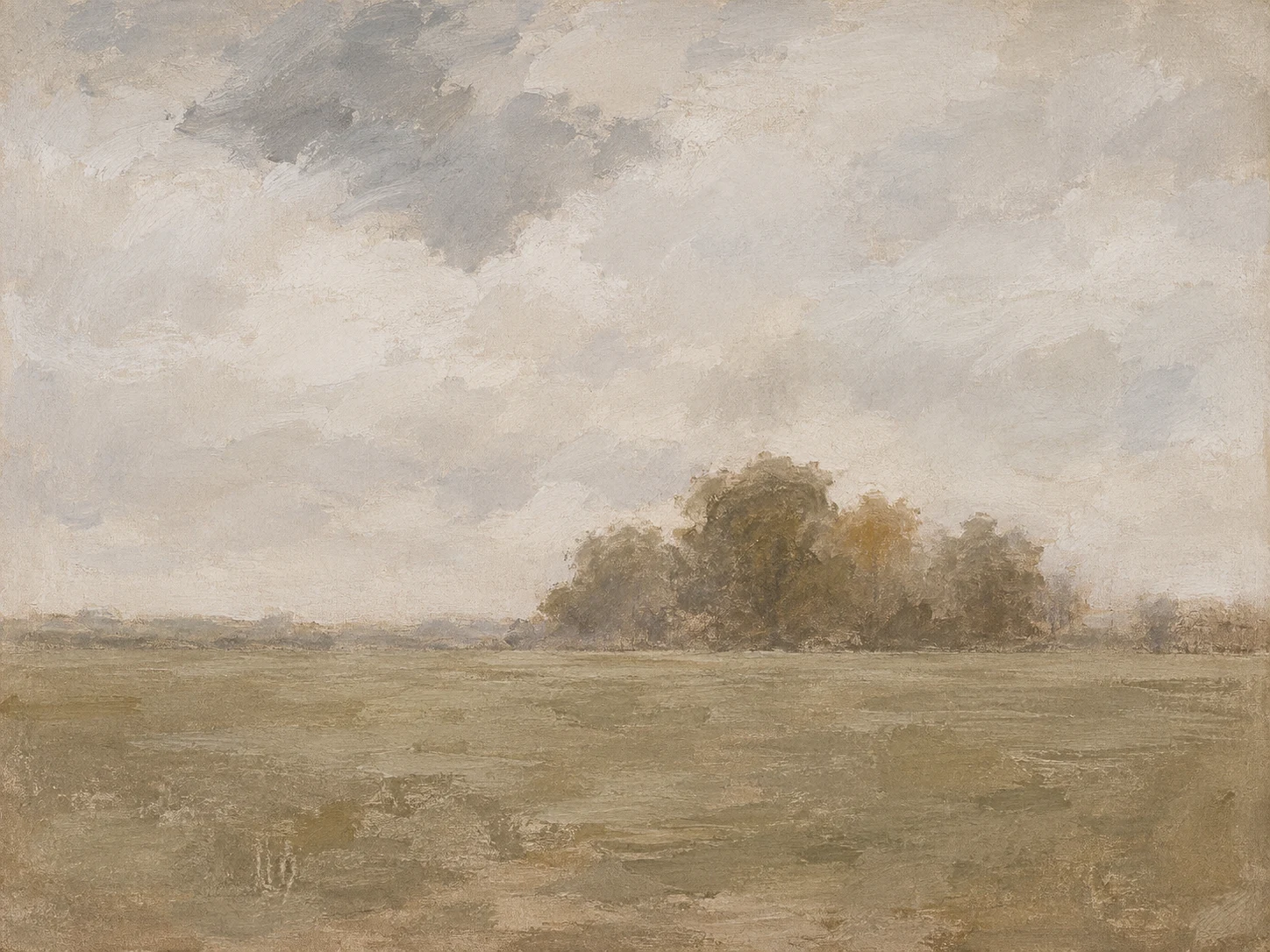 A coppice on the far side of a wide pasture in stone, taupe, sage, cream; landscape artwork.