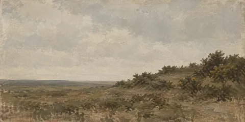 A rough common with gorse in stone, olive, brown; panoramic artwork.