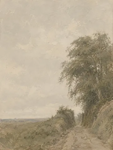 A lane between two high banks in stone, sage, taupe, olive; portrait artwork.