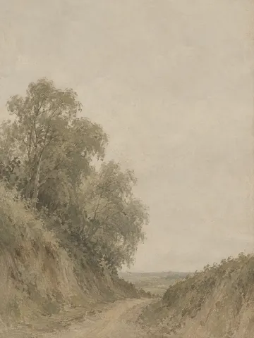 A lane between two high banks in stone, taupe, olive, sand; portrait artwork.