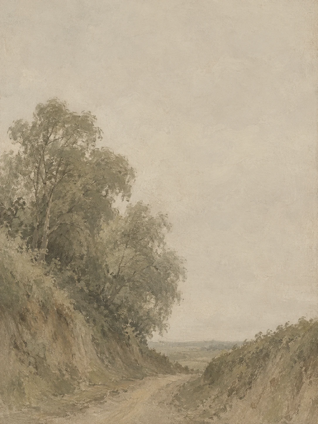 A lane between two high banks in stone, taupe, olive, sand; portrait artwork.