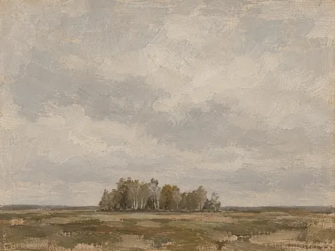 A stand of birches on flat ground in stone, sand, olive, taupe; landscape artwork.