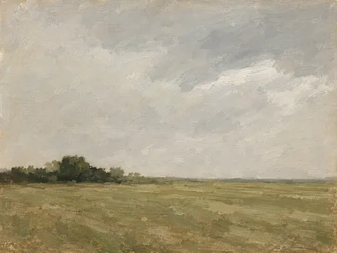 A hedgerow meeting a mown field in stone, taupe, olive; landscape artwork.