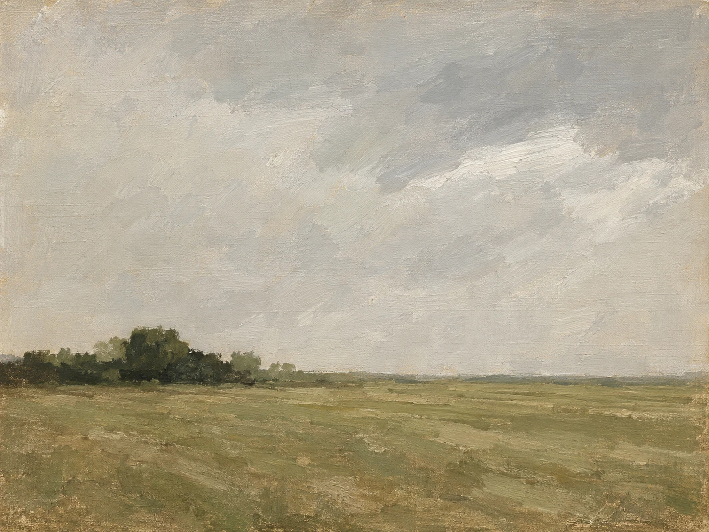 A hedgerow meeting a mown field in stone, taupe, olive; landscape artwork.