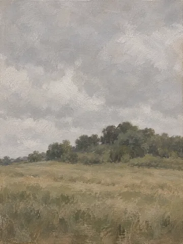 A low ridge of oaks above a hayfield in stone, olive, taupe; portrait artwork.