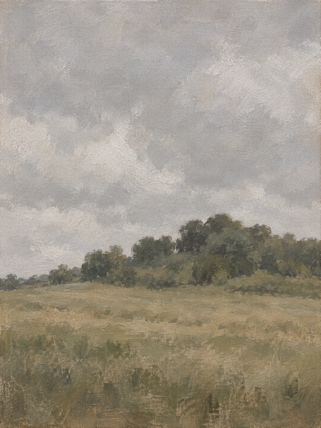 A low ridge of oaks above a hayfield in stone, olive, taupe; portrait artwork.