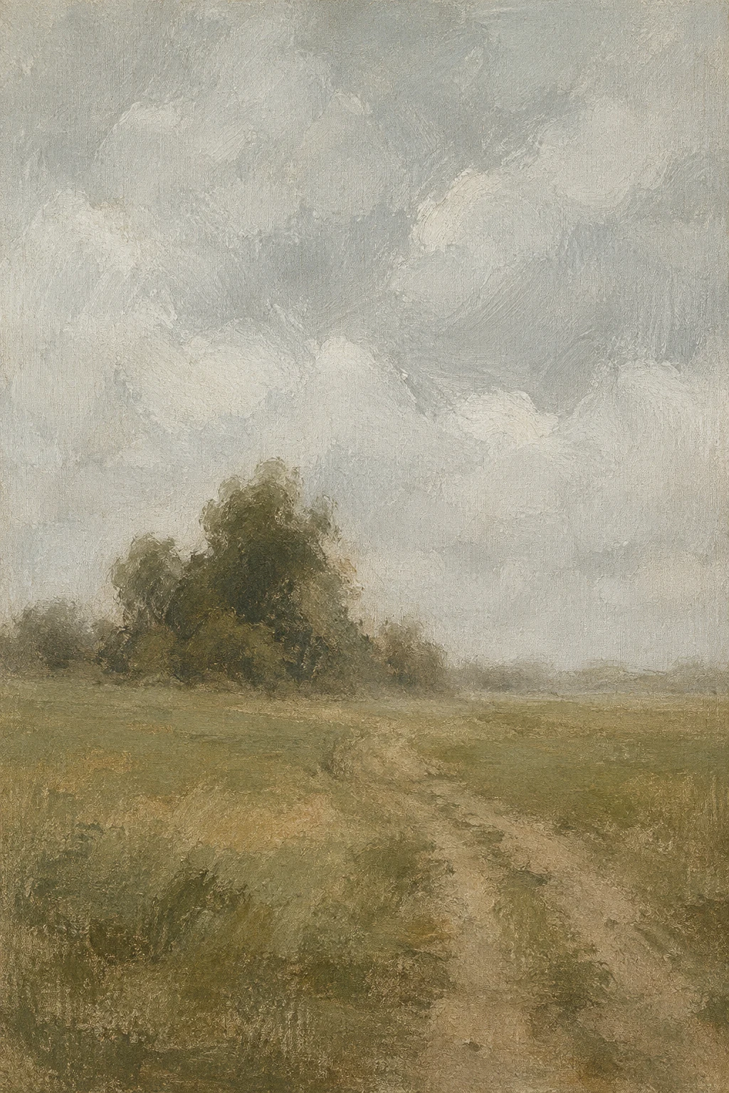A farm track dissolving into mist in stone, olive, taupe, sage; portrait artwork.