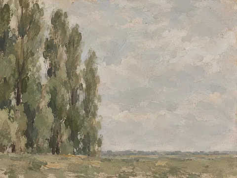 A stand of poplars on a flat plain in stone, olive, taupe, gray; landscape artwork.