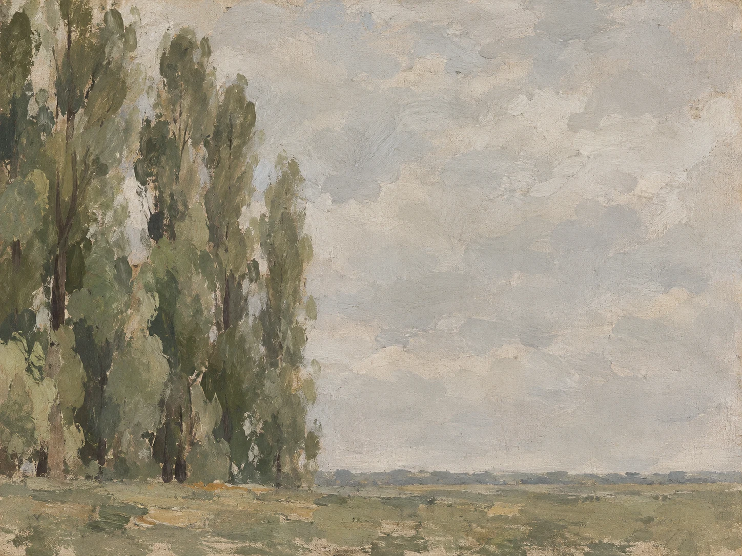 A stand of poplars on a flat plain in stone, olive, taupe, gray; landscape artwork.