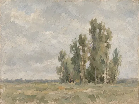 A stand of poplars on a flat plain in stone, sage, olive; landscape artwork.