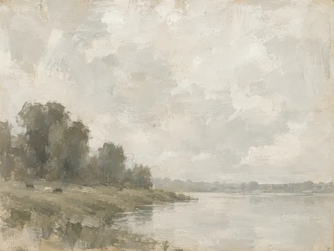 A river bend with cattle grazing far off in cream, taupe, stone, gray; landscape artwork.