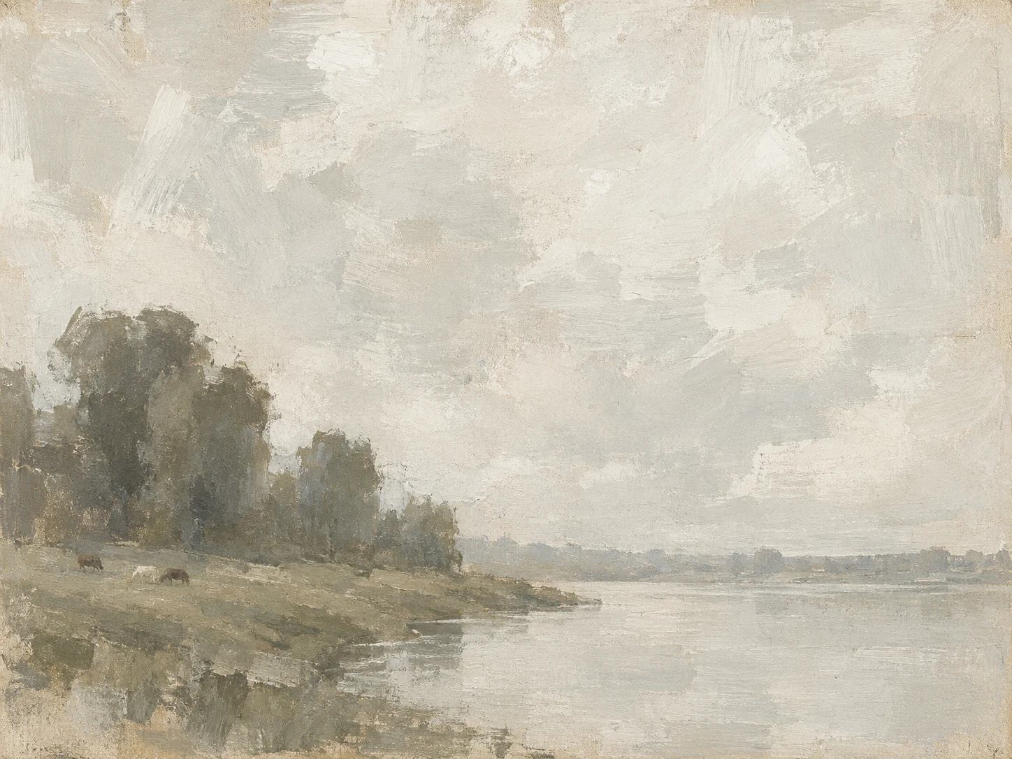 A river bend with cattle grazing far off in cream, taupe, stone, gray; landscape artwork.