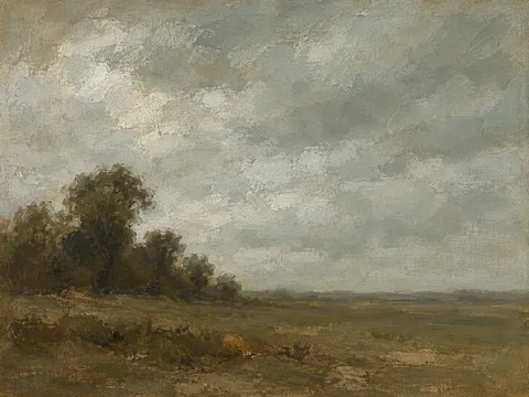 A fence line under a heavy gray sky in sage, brown, gray, sand; landscape artwork.
