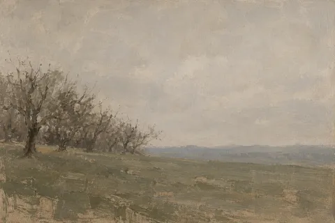 A bare orchard in late winter in stone, sand, olive, taupe; landscape artwork.