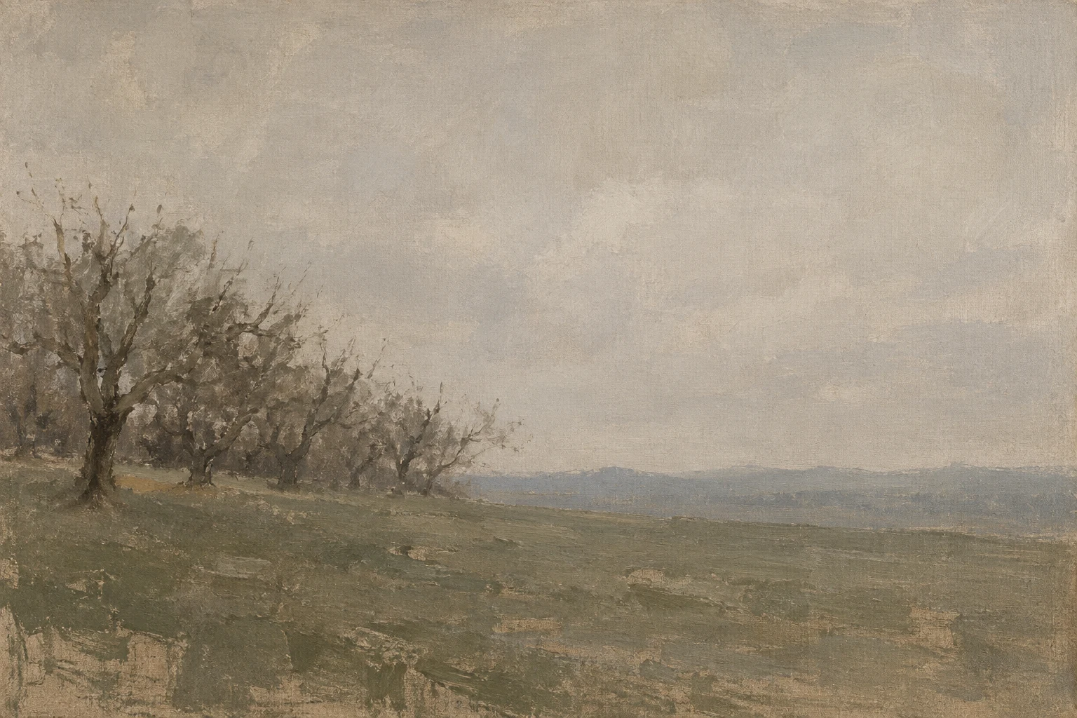 A bare orchard in late winter in stone, sand, olive, taupe; landscape artwork.