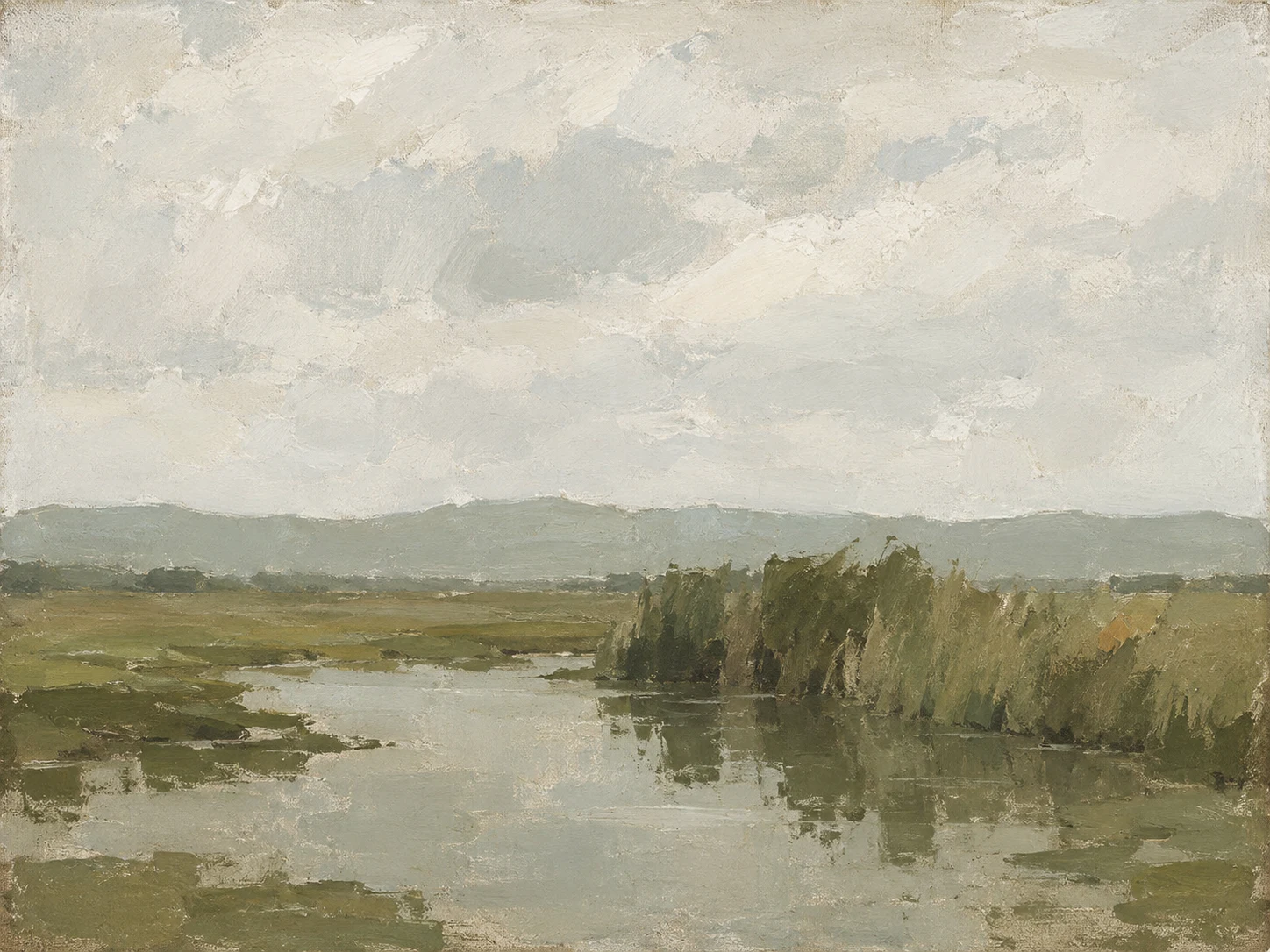 A marsh edge with reeds and still water in cream, taupe, sage, olive; landscape artwork.