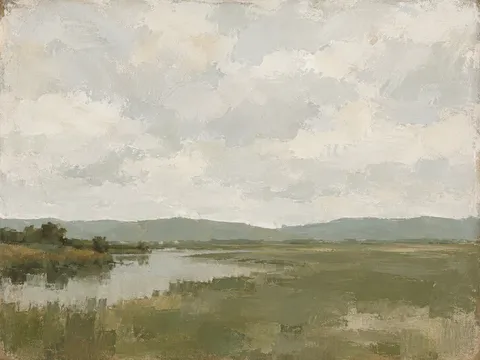 A marsh edge with reeds and still water in cream, taupe, olive, sage; landscape artwork.