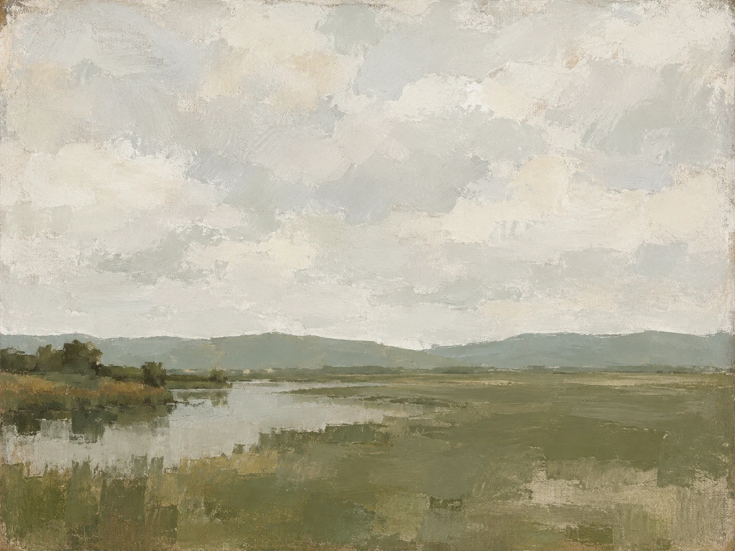 A marsh edge with reeds and still water in cream, taupe, olive, sage; landscape artwork.