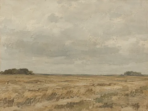 A stubble field after harvest in stone, sand, taupe, sage; landscape artwork.