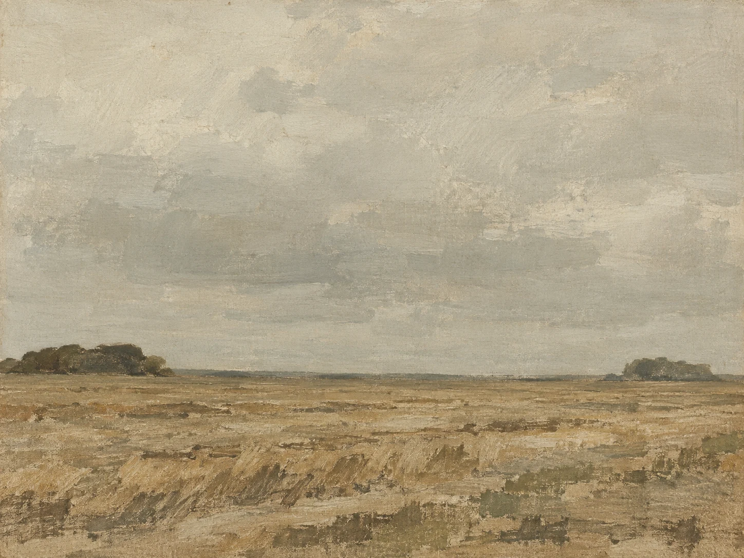 A stubble field after harvest in stone, sand, taupe, sage; landscape artwork.