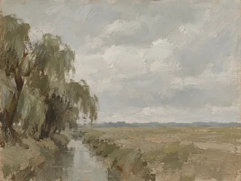 A line of willows along a drainage ditch in stone, olive, taupe, brown; landscape artwork.