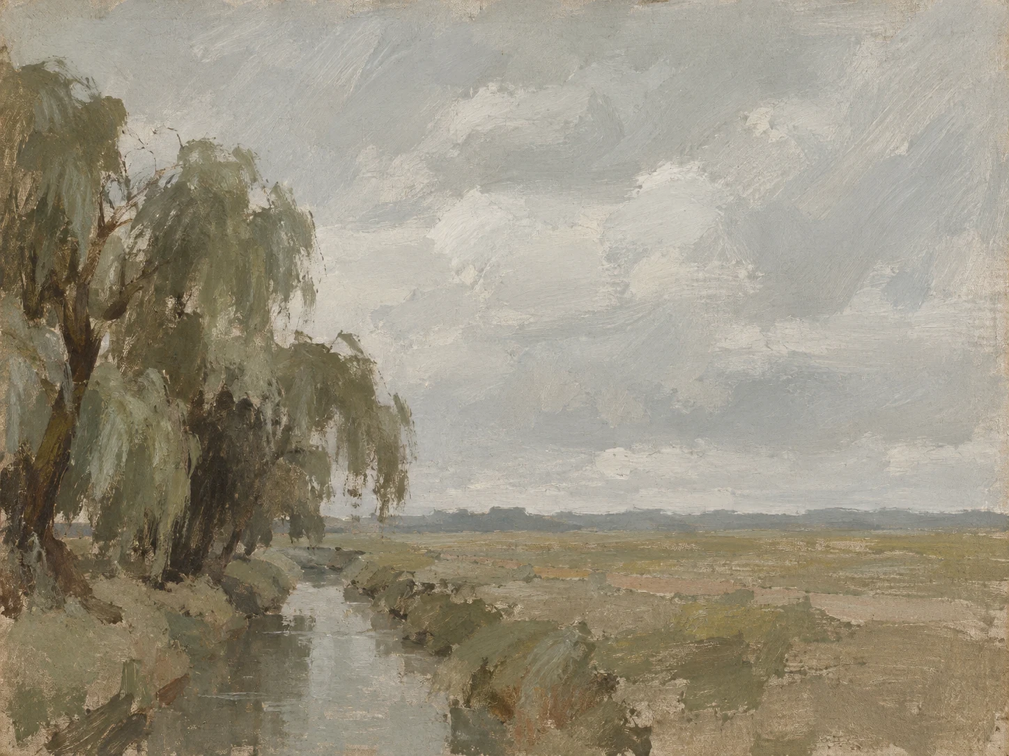 A line of willows along a drainage ditch in stone, olive, taupe, brown; landscape artwork.