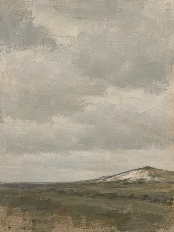 A chalk down rising to a bare crown in stone, sand, brown, gray; portrait artwork.
