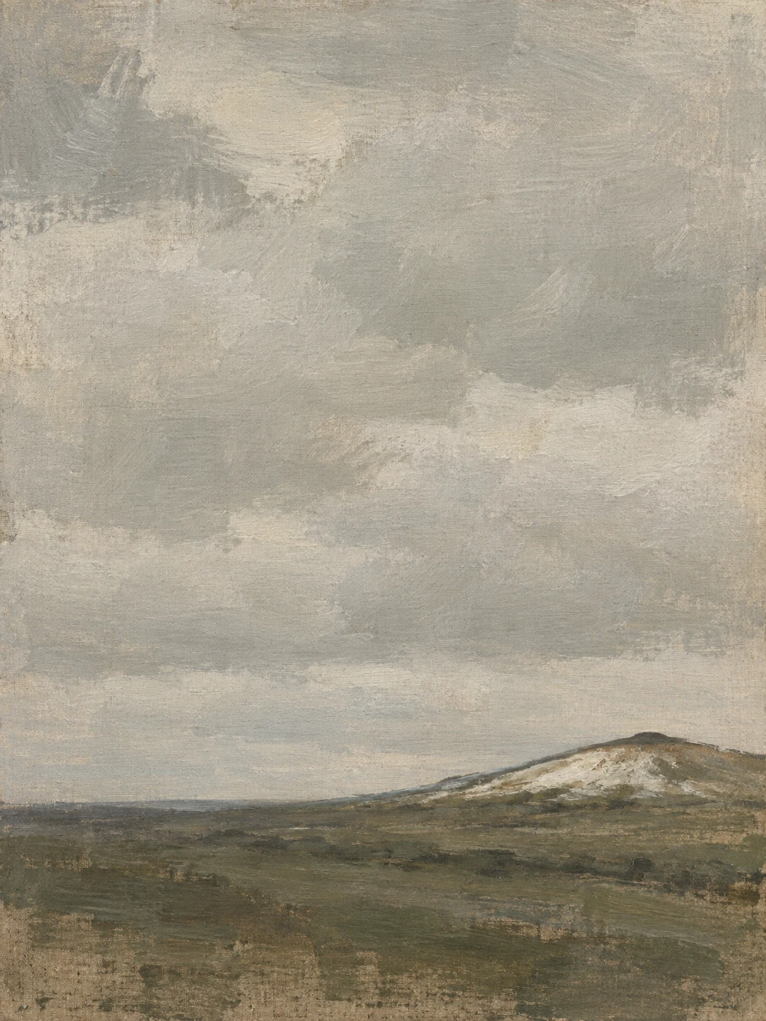 A chalk down rising to a bare crown in stone, sand, brown, gray; portrait artwork.