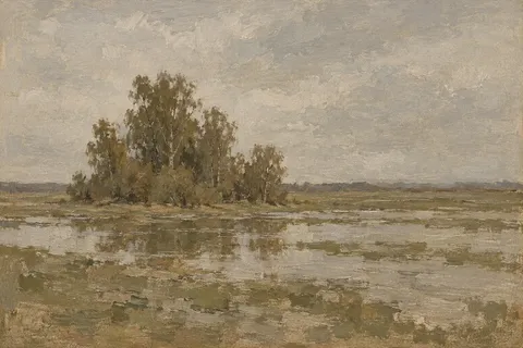 A water meadow under standing water in sand, taupe, olive, stone; landscape artwork.