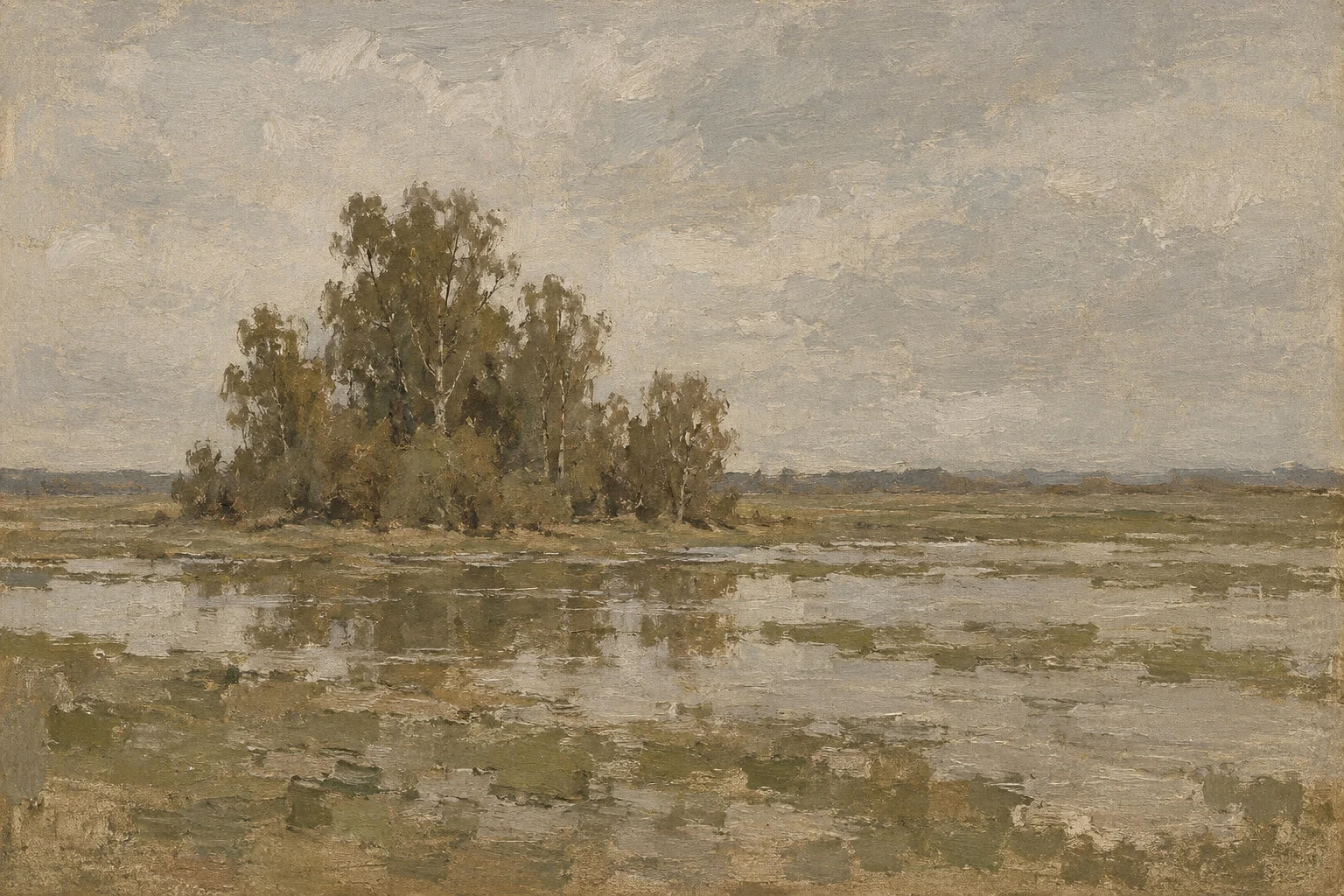 A water meadow under standing water in sand, taupe, olive, stone; landscape artwork.