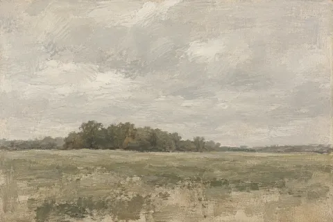 A coppice on the far side of a wide pasture in stone, taupe, sage, cream; landscape artwork.