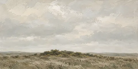 A rough common with gorse in cream, stone, sage, olive; panoramic artwork.