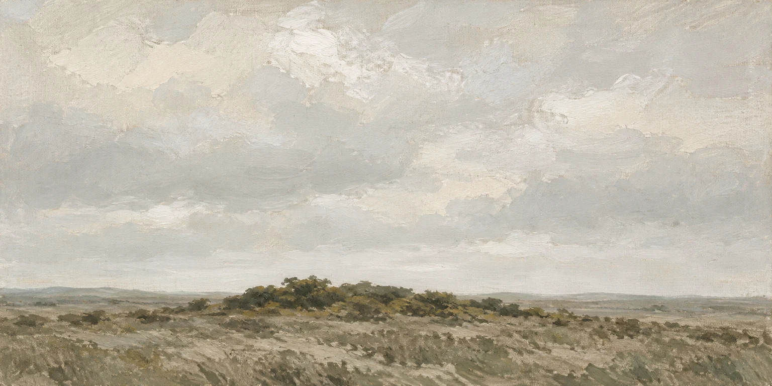 A rough common with gorse in cream, stone, sage, olive; panoramic artwork.