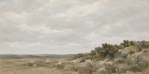 A rough common with gorse in cream, stone, taupe, olive; panoramic artwork.