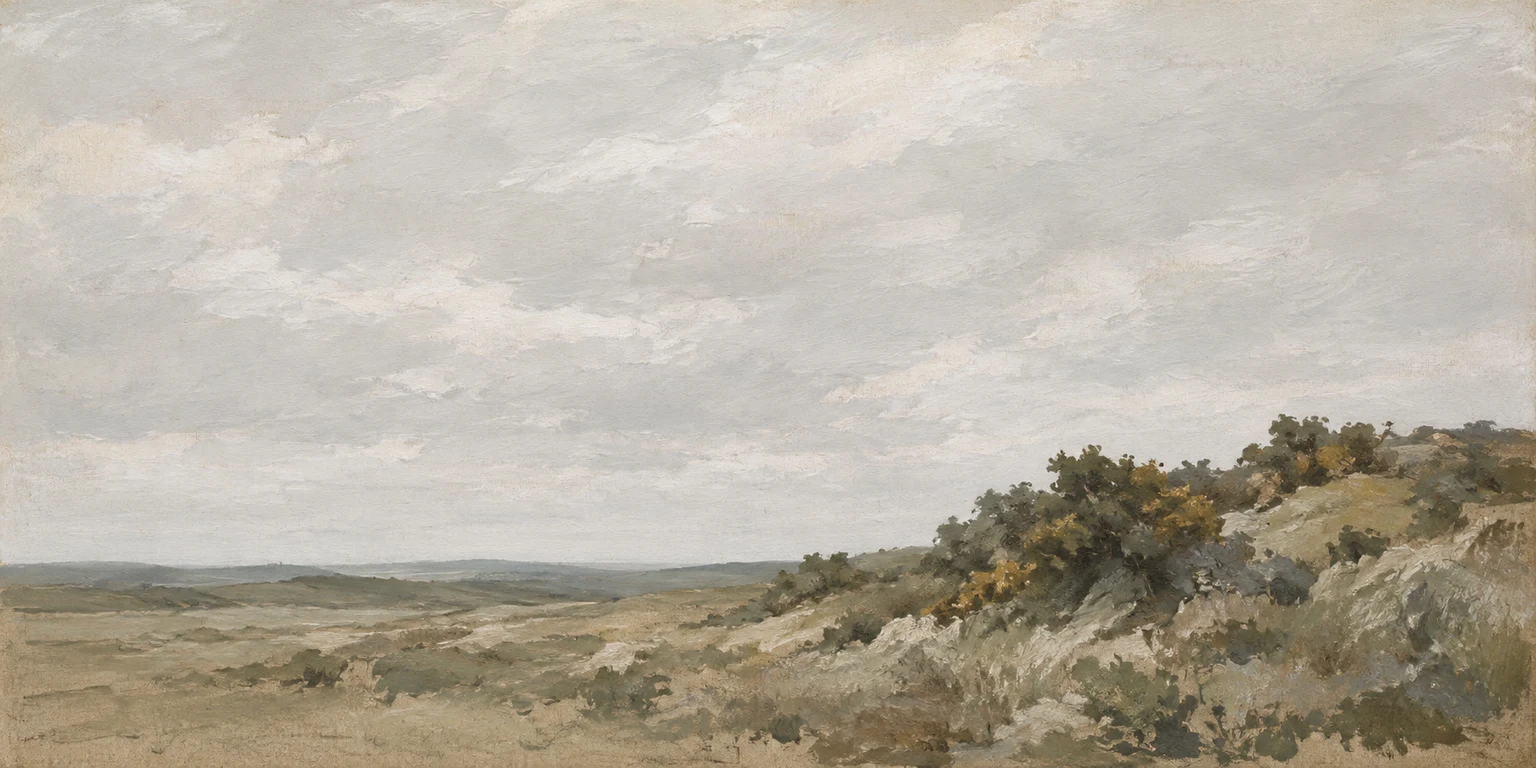 A rough common with gorse in cream, stone, taupe, olive; panoramic artwork.