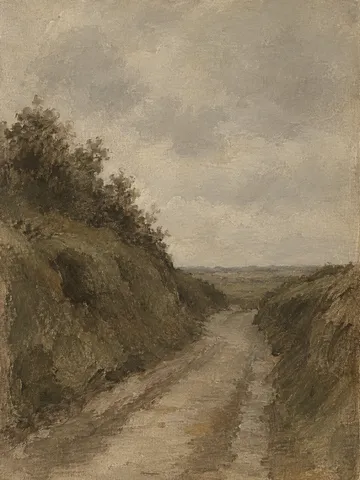 A lane between two high banks in sand, gray, brown, olive; portrait artwork.