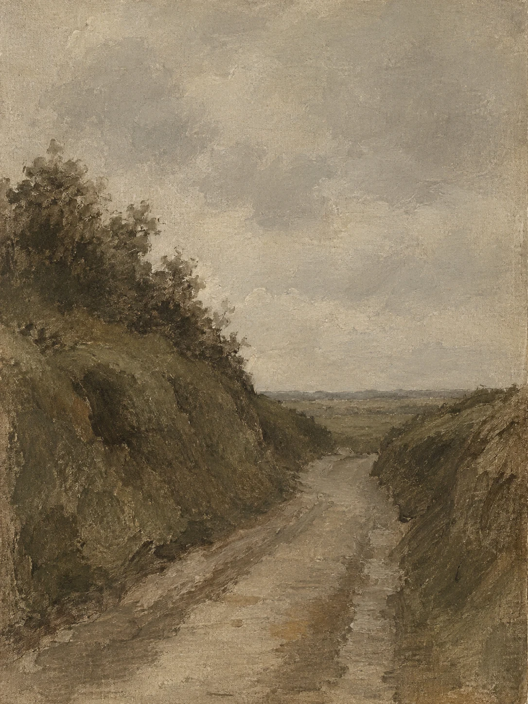 A lane between two high banks in sand, gray, brown, olive; portrait artwork.