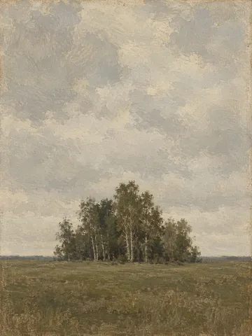 A stand of birches on flat ground in stone, olive, sand, brown; portrait artwork.