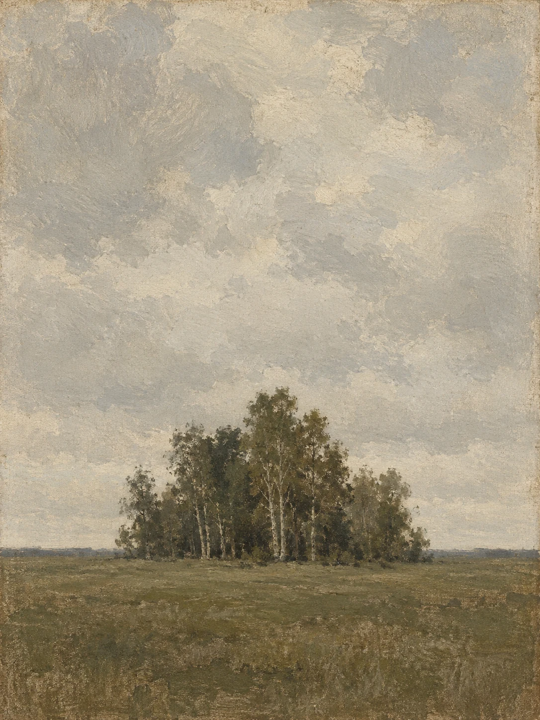 A stand of birches on flat ground in stone, olive, sand, brown; portrait artwork.