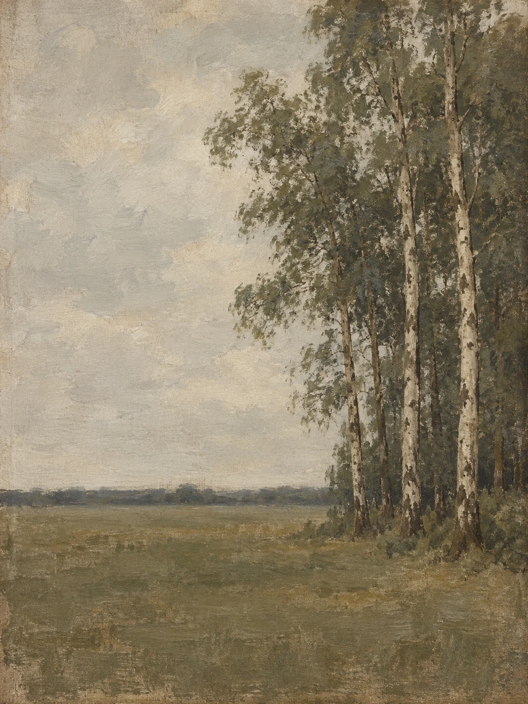 A stand of birches on flat ground in olive, stone, brown, sand; portrait artwork.