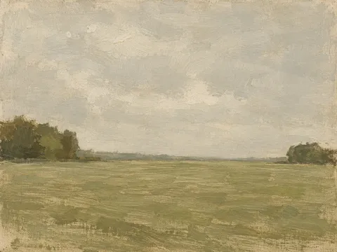 A hedgerow meeting a mown field in stone, sage, taupe, olive; landscape artwork.