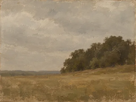 A low ridge of oaks above a hayfield in sand, olive, gray, brown; landscape artwork.